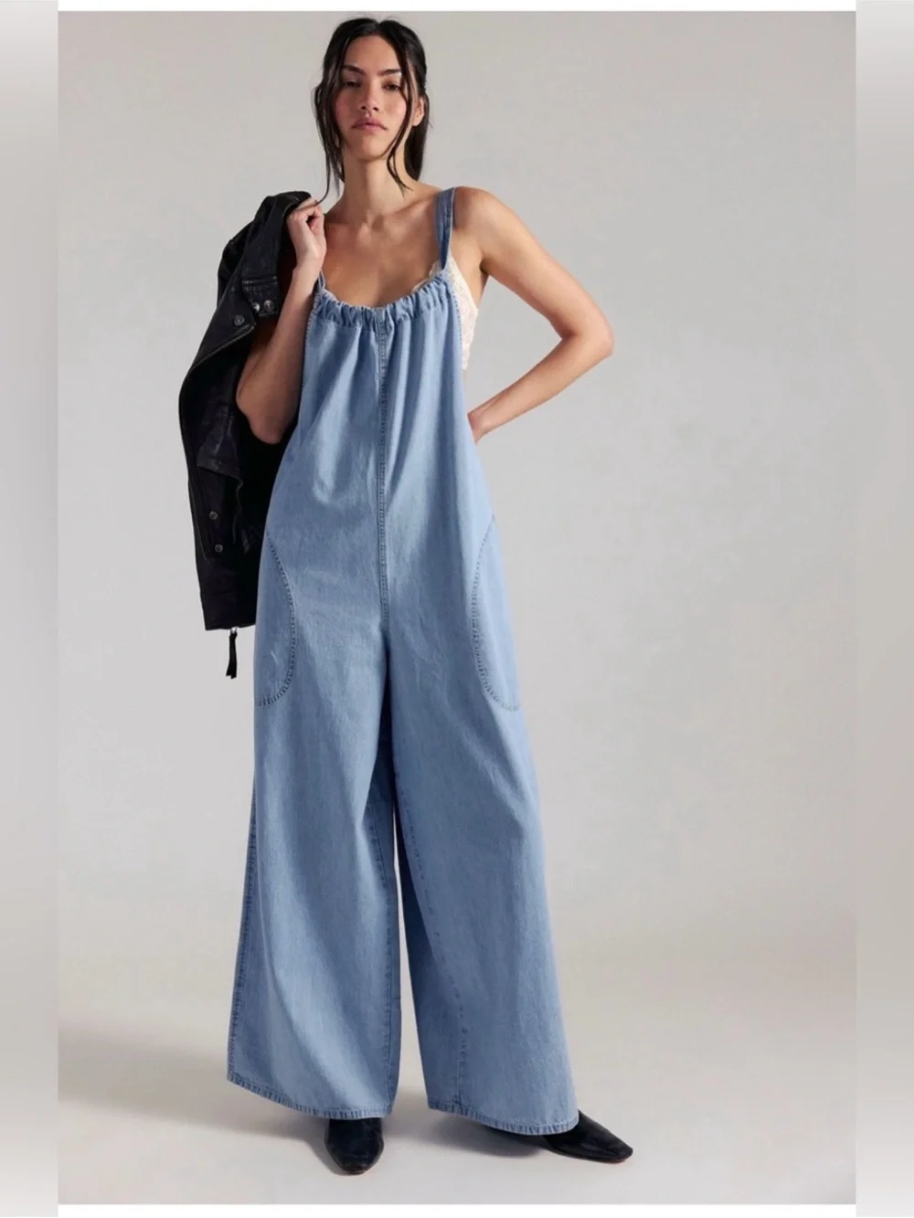 Free People Light Blue Wide-Leg Denim Jumpsuit